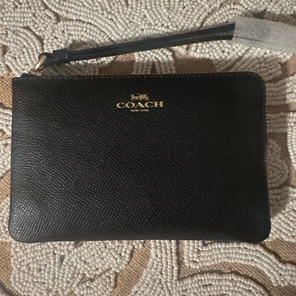 NWT Coach Black Textured Leather Zip Top Wallet Pouch Wristlet - Picture 3 of 5